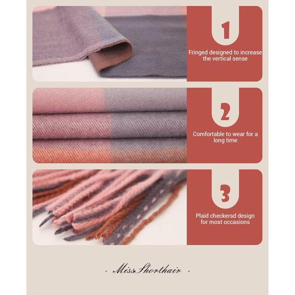 Women Pink Grey Blue Winter Warm Shawl Wraps Tartan Blanket Oversized Scarves - Picture 4 of 6